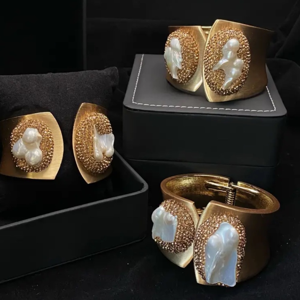 Boho jewelry Faux Mother pf Pearl Gold Bangle